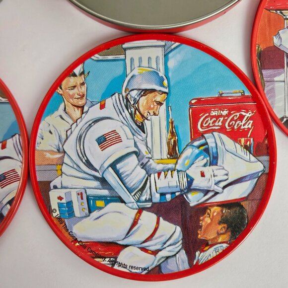 Vintage 1999 Coca-Cola Collectible Tin Coaster Set Pilot, Astronaut, Mom, Child - Picture 3 of 16